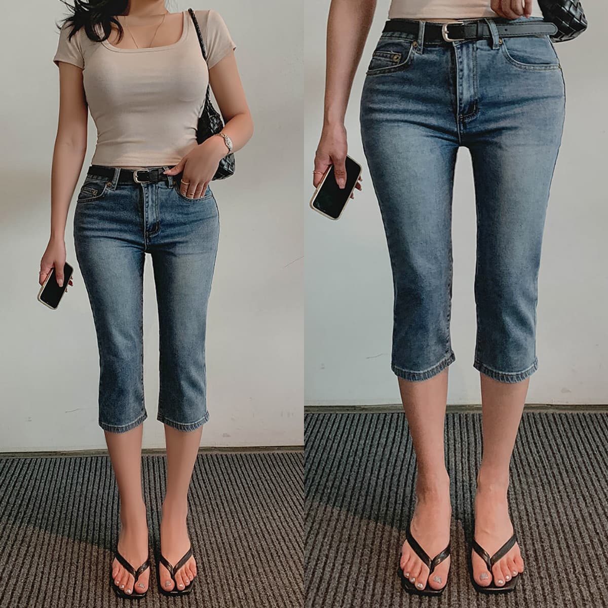 지금 레트로 워싱 연삭 화이트 맞춤 데님 부츠컷 7부 바지