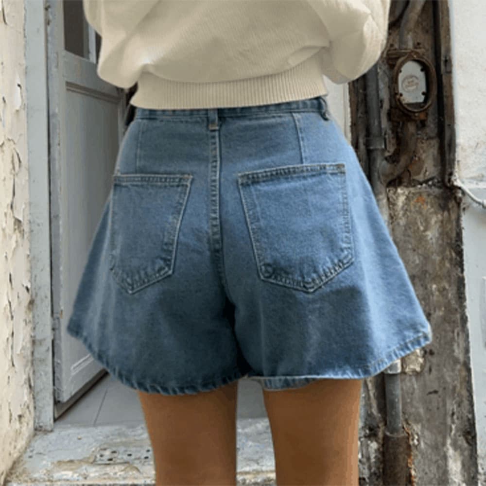 지금 4 색 하이웨이스트 한 마디 바늘 Pleat 데님 반바지 상세 이미지 22