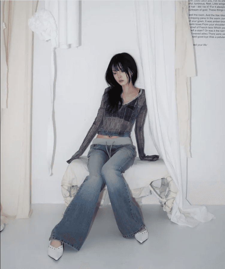 지금 레트로 워싱 허리 머리 패치워크 얇은 스타일 원단 몸매 가꾸기 부츠컷 데님 긴 바지 상세 이미지 2