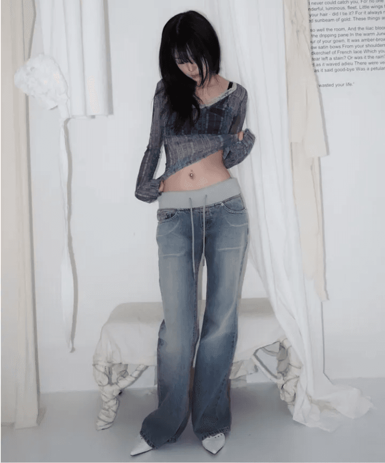 지금 레트로 워싱 허리 머리 패치워크 얇은 스타일 원단 몸매 가꾸기 부츠컷 데님 긴 바지 상세 이미지 3