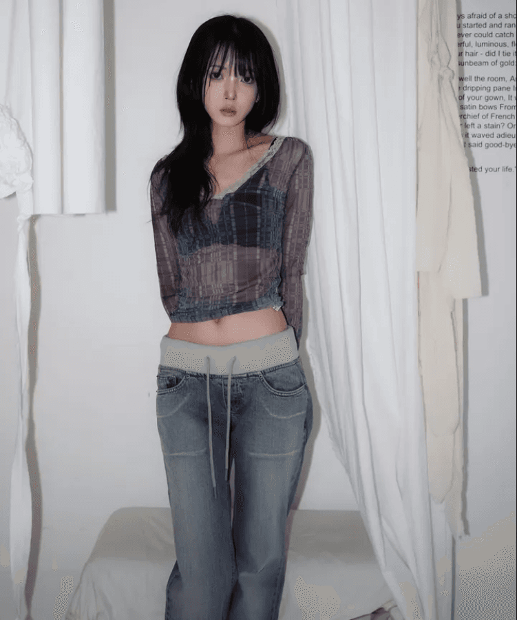 지금 레트로 워싱 허리 머리 패치워크 얇은 스타일 원단 몸매 가꾸기 부츠컷 데님 긴 바지 상세 이미지 4