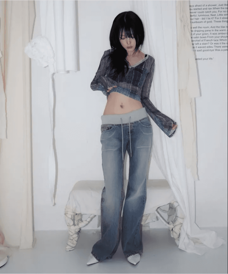 지금 레트로 워싱 허리 머리 패치워크 얇은 스타일 원단 몸매 가꾸기 부츠컷 데님 긴 바지 상세 이미지 7
