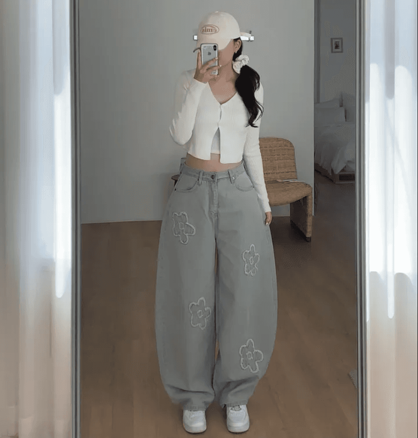 지금 레트로 거친 가장자리 작은 꽃 디자인 haru flower 청바지 이미지 4
