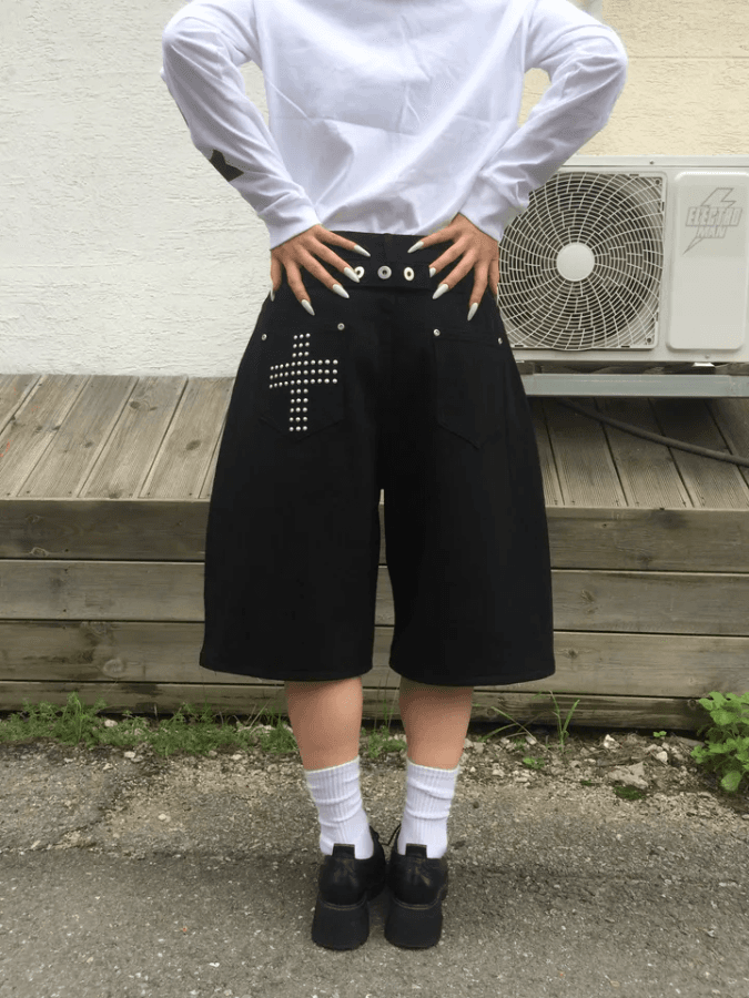 지금 거리 바람 십자가 비즈 박기 캐주얼 7부 바지 데님 반바지 이미지 4