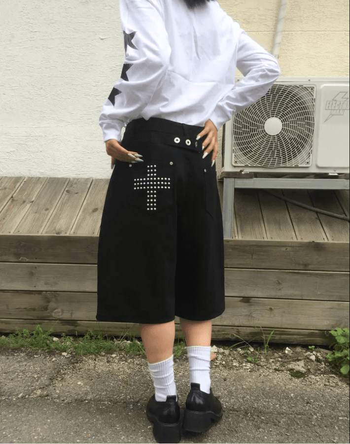 지금 거리 바람 십자가 비즈 박기 캐주얼 7부 바지 데님 반바지 상세 이미지 9