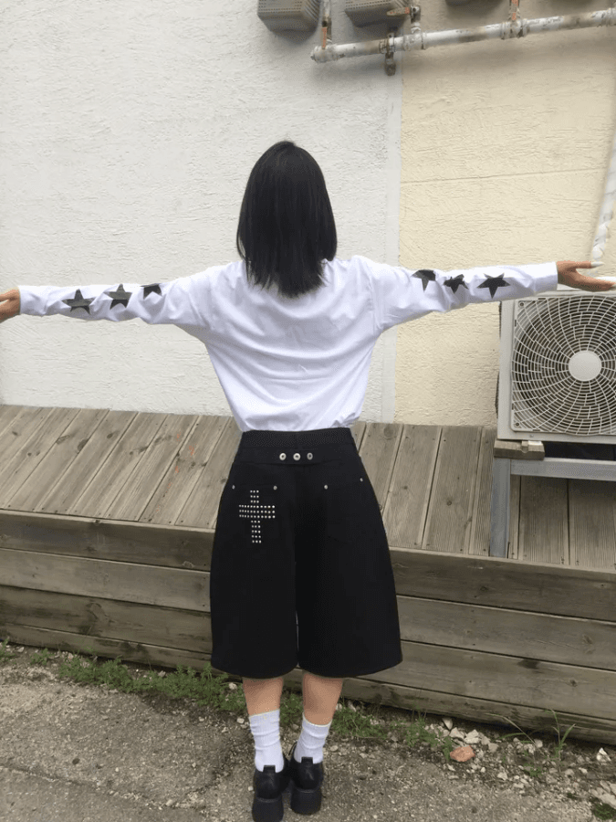 지금 거리 바람 십자가 비즈 박기 캐주얼 7부 바지 데님 반바지 상세 이미지 10