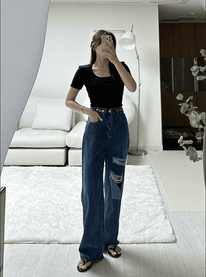 지금 허리 단추 찢어짐 측면 찢어진 부분 거친 가장자리 넓은 다리 청바지 상세 이미지 8