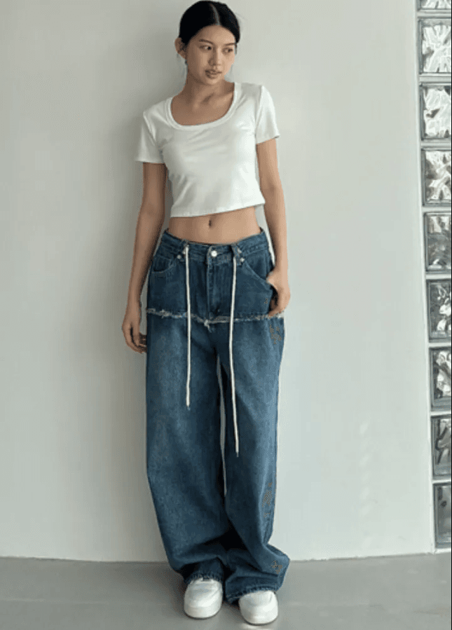 지금 스택 층 치마 스타일 루즈핏 넓은 다리 청바지 상세 이미지 2