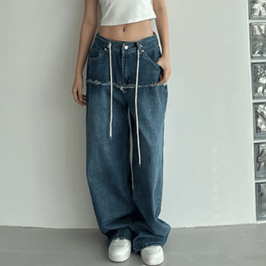 지금 스택 층 치마 스타일 루즈핏 넓은 다리 청바지 상세 이미지 3