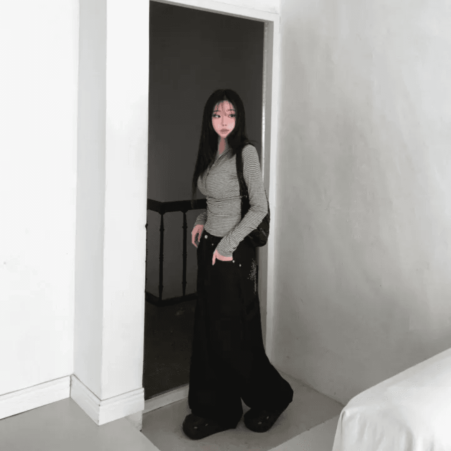 지금 주머니 카모플라주 뜨거운 느긋한 바람 디자인 센스 마 오래된 워싱 데님 바닥 청소 긴 바지 상세 이미지 10