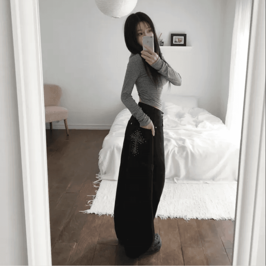 지금 주머니 카모플라주 뜨거운 느긋한 바람 디자인 센스 마 오래된 워싱 데님 바닥 청소 긴 바지 상세 이미지 12