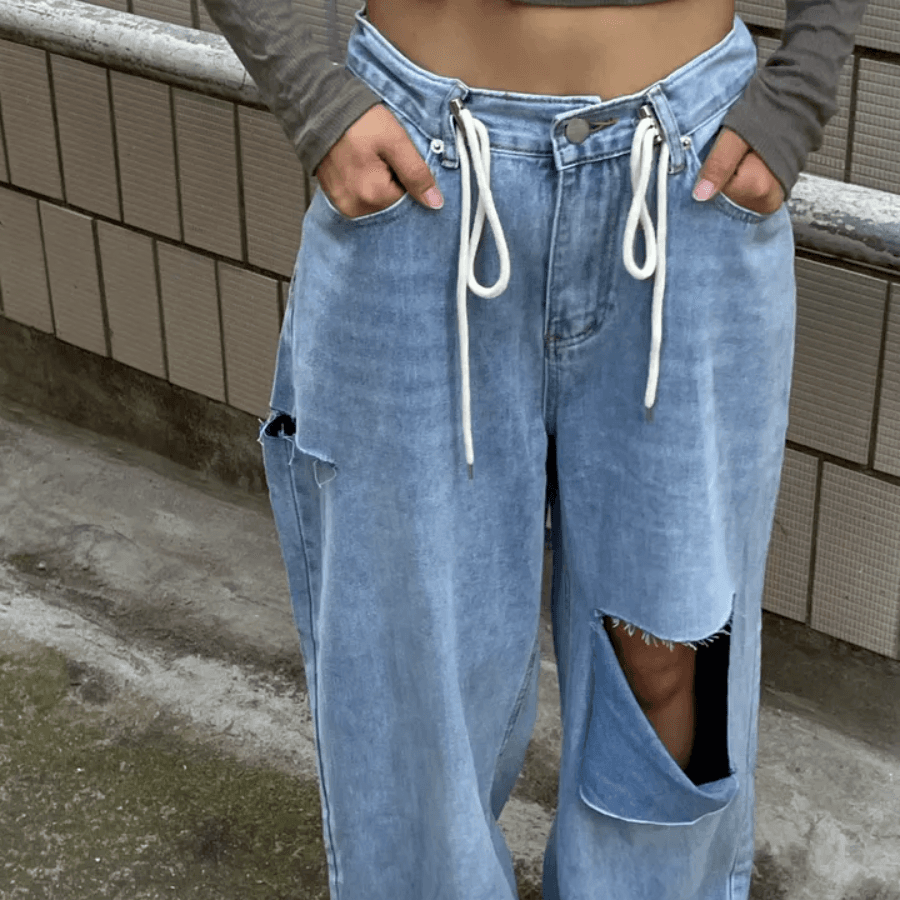 지금 레트로 다용도 개성 찢어진 디자인 넓은 다리 청바지 긴 바지 상세 이미지 1