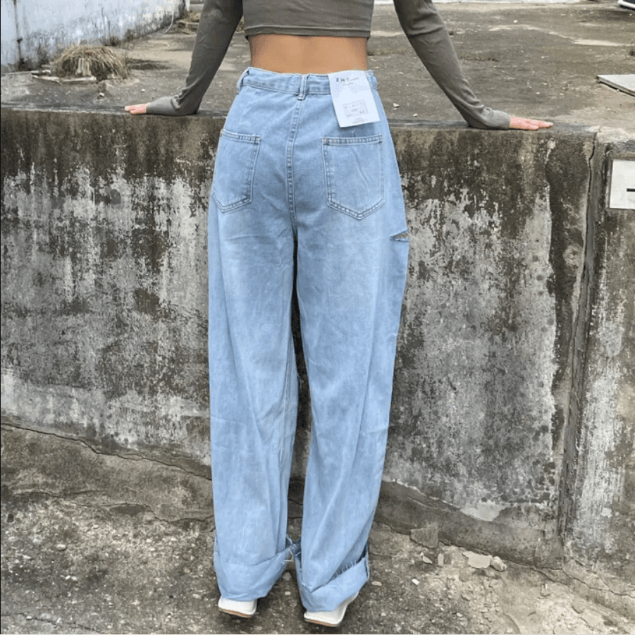 지금 레트로 다용도 개성 찢어진 디자인 넓은 다리 청바지 긴 바지 상세 이미지 4