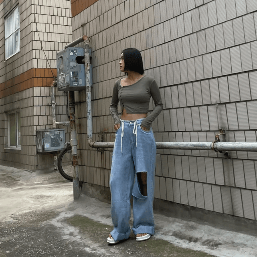 지금 레트로 다용도 개성 찢어진 디자인 넓은 다리 청바지 긴 바지 상세 이미지 18