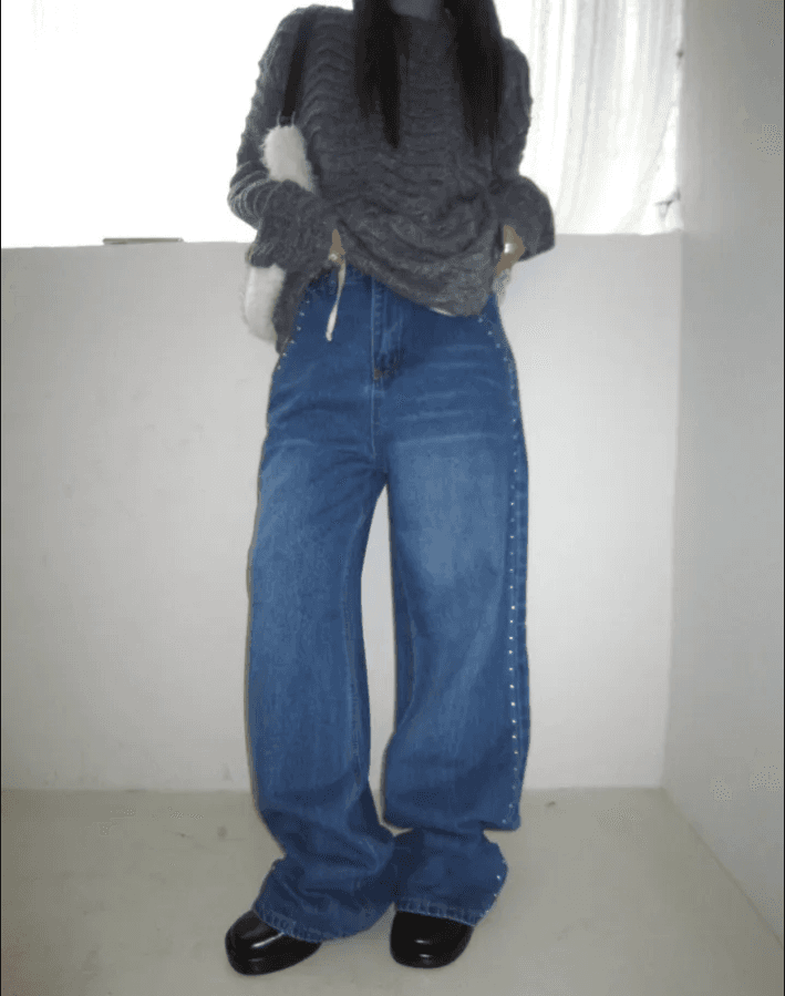 지금 다용도 캐주얼 레트로 버드 나무 못 장식 청바지 상세 이미지 15