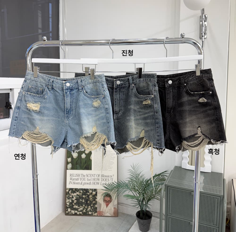 지금 삼색 피해를 주다 찢어진 부분 거친 가장자리 넓은 다리 데님 반바지 상세 이미지 23