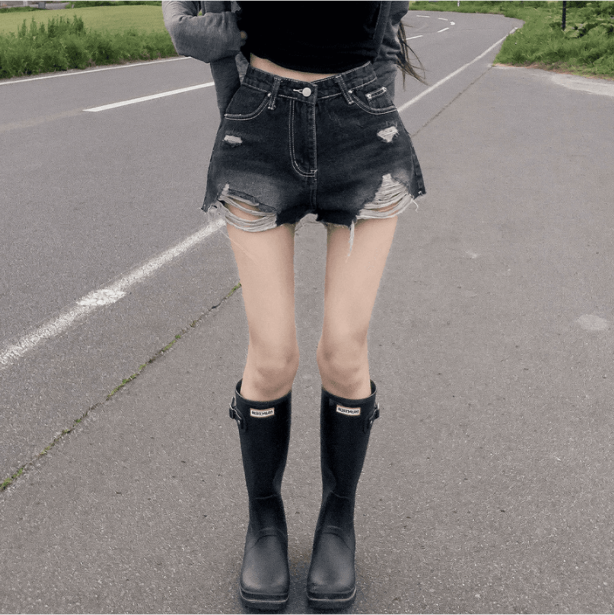 지금 삼색 피해를 주다 찢어진 부분 거친 가장자리 넓은 다리 데님 반바지 이미지 3