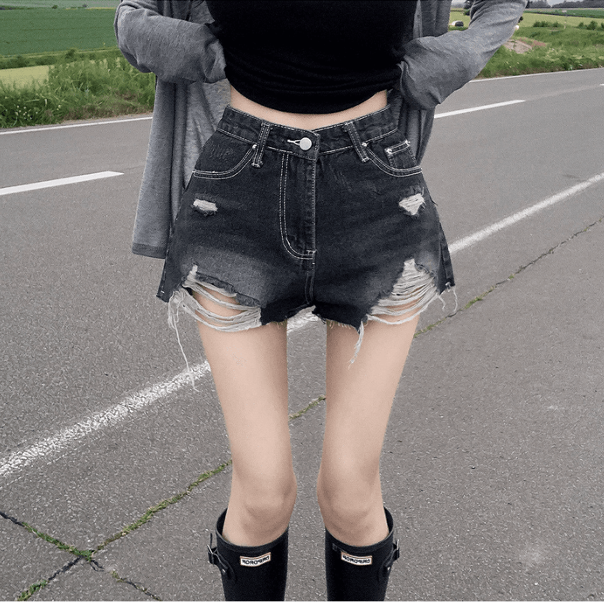 지금 삼색 피해를 주다 찢어진 부분 거친 가장자리 넓은 다리 데님 반바지 이미지 2