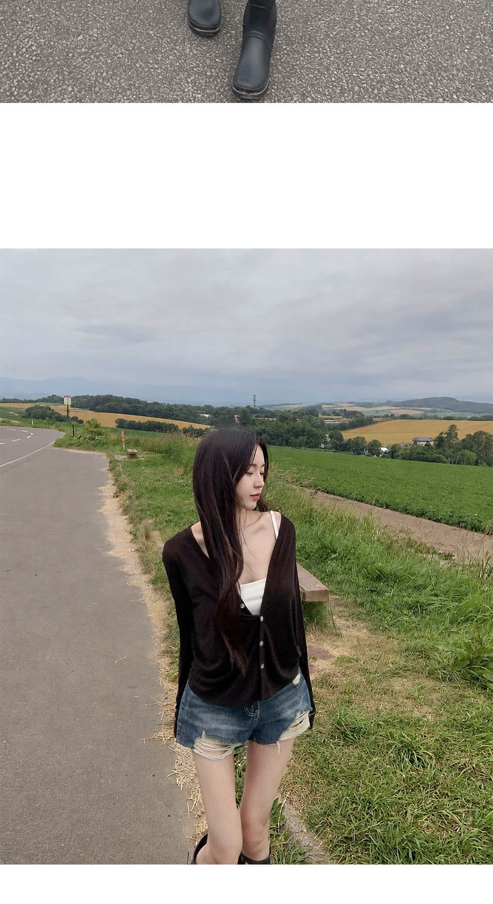 지금 삼색 피해를 주다 찢어진 부분 거친 가장자리 넓은 다리 데님 반바지 상세 이미지 4