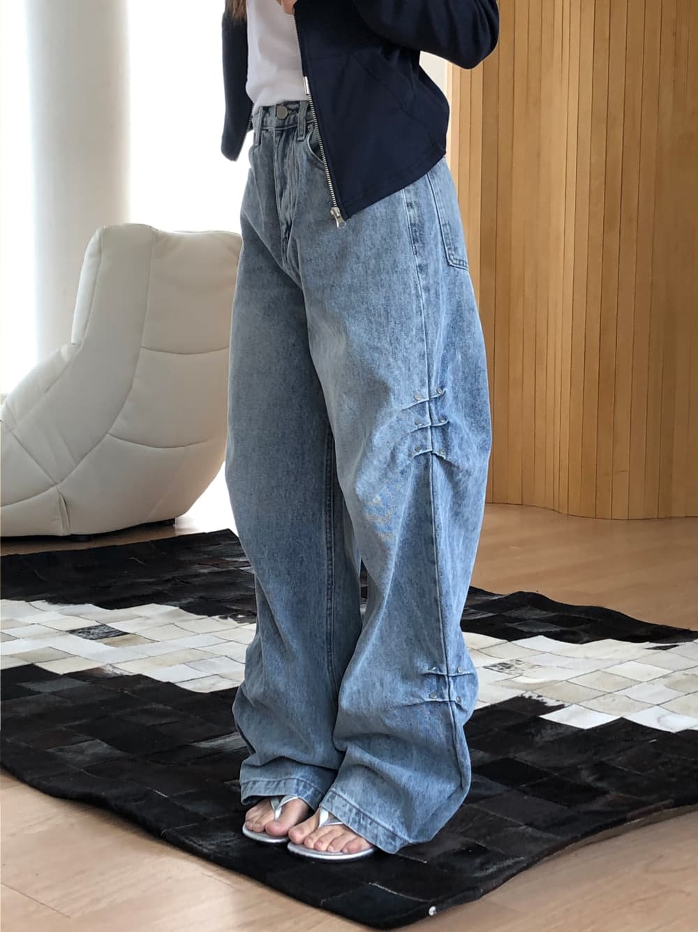 삼색 지금 금속 징 와이드 청바지 상세 이미지 1