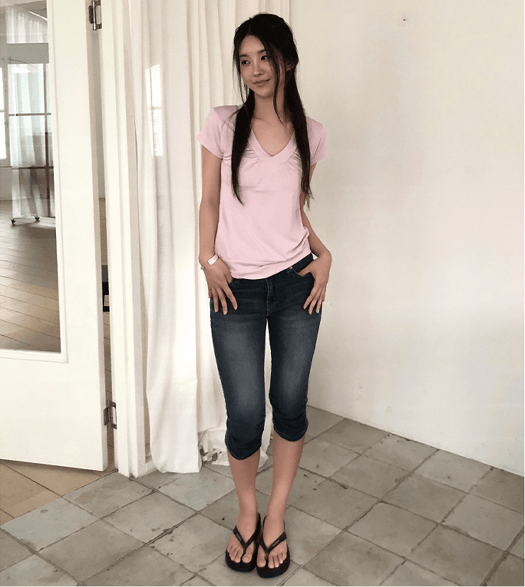 지금 표지 고기 펌프 Pleat 신축성 레트로 워싱 7부 바지 청바지 이미지 4
