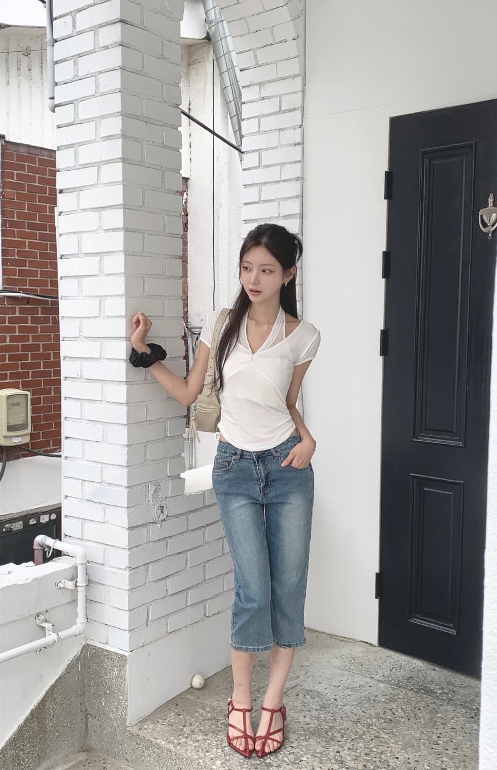지금 워싱 마 오래된 몸매 가꾸기 신축성 데님 7부 바지 바지 상세 이미지 18