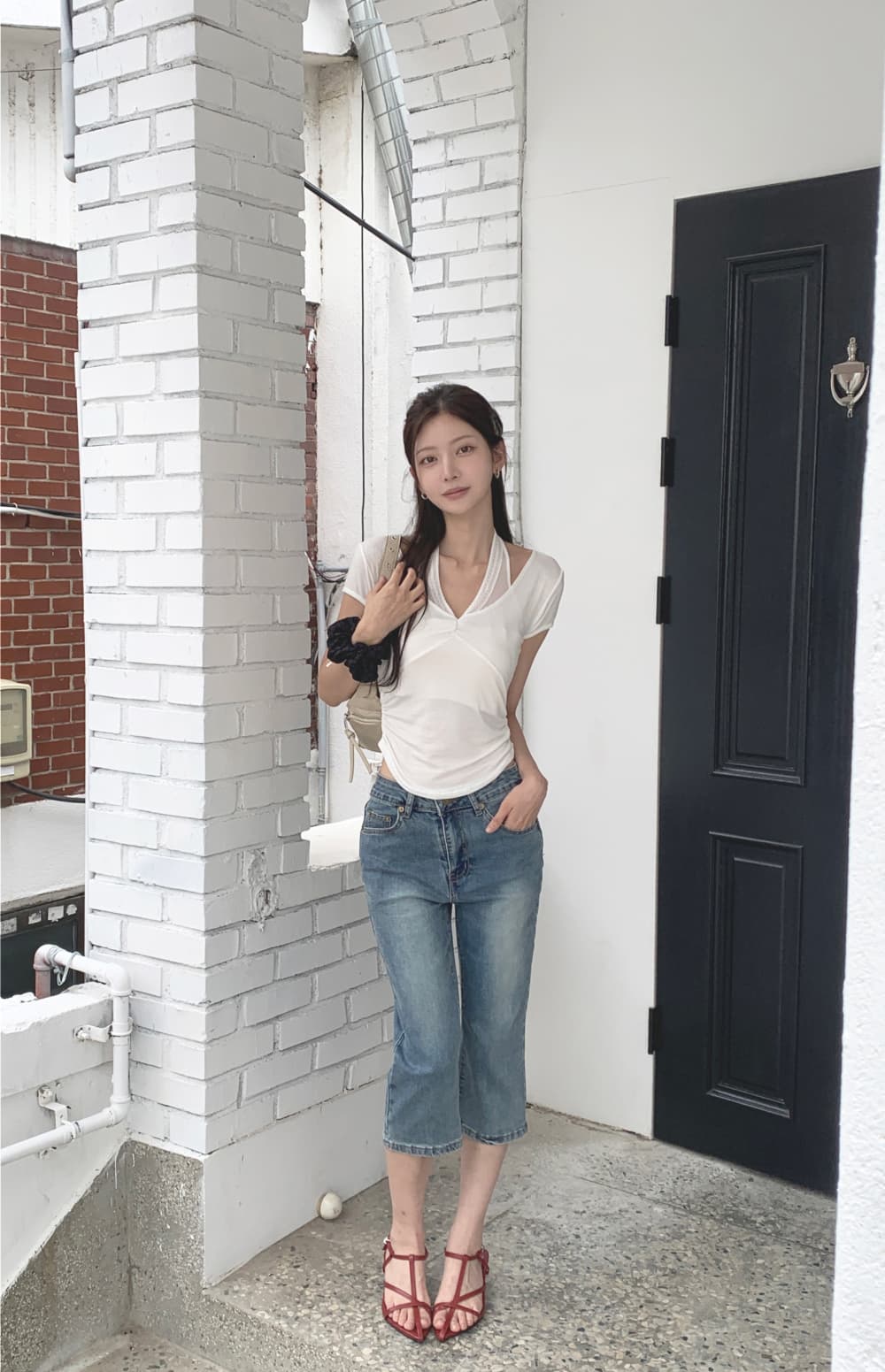 지금 워싱 마 오래된 몸매 가꾸기 신축성 데님 7부 바지 바지 상세 이미지 19