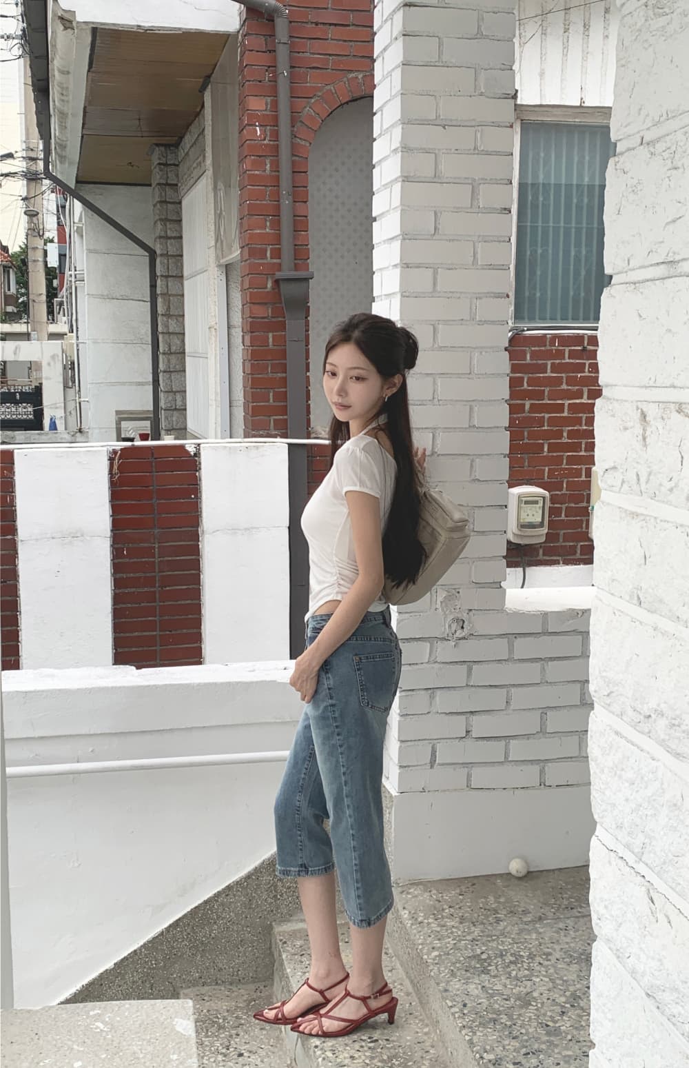 지금 워싱 마 오래된 몸매 가꾸기 신축성 데님 7부 바지 바지 상세 이미지 22