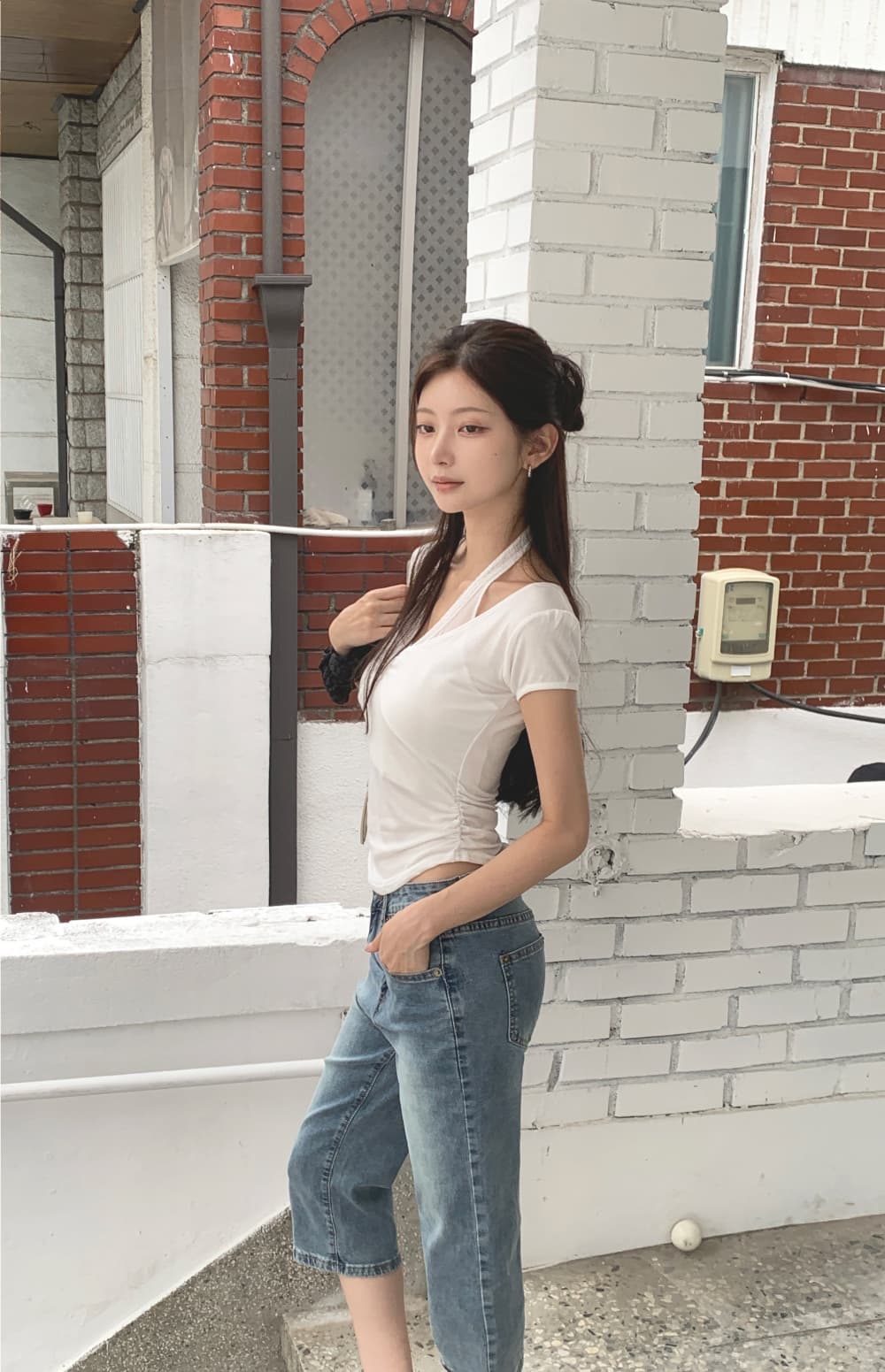지금 워싱 마 오래된 몸매 가꾸기 신축성 데님 7부 바지 바지 상세 이미지 25