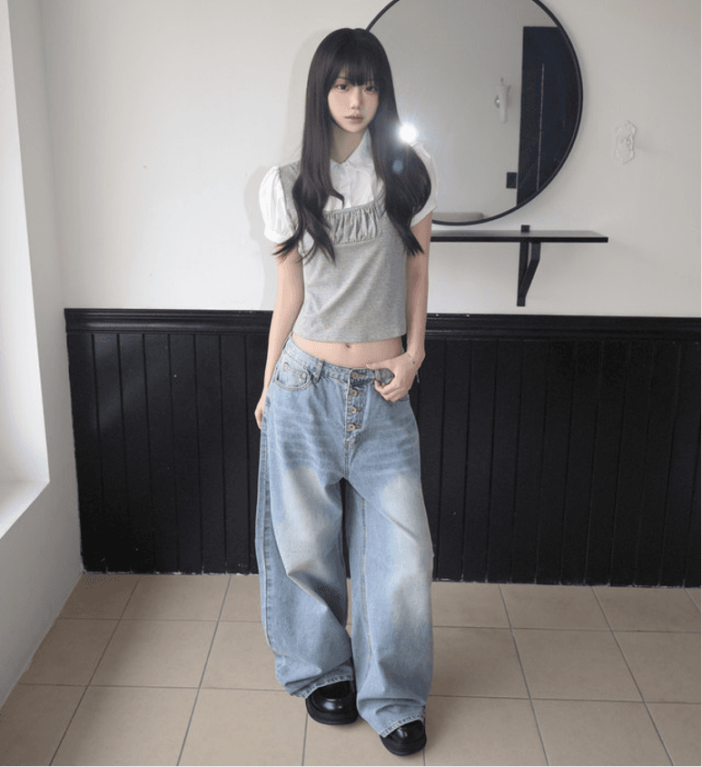 와 자수 주머니 ~ 중 데님 와이드 다리 바지 이미지 4