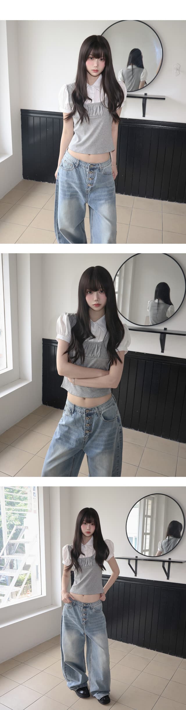 와 자수 주머니 ~ 중 데님 와이드 다리 바지 상세 이미지 4