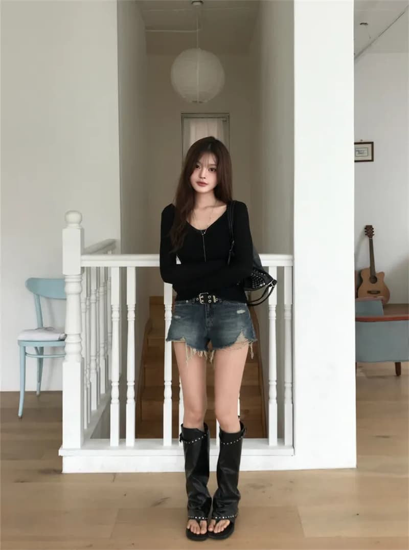 지금 여름 디스플레이 다리 길이 핫걸 찢어진 부분 그리기 거친 가장자리 슬림해 보이는 데님 반바지 상세 이미지 1