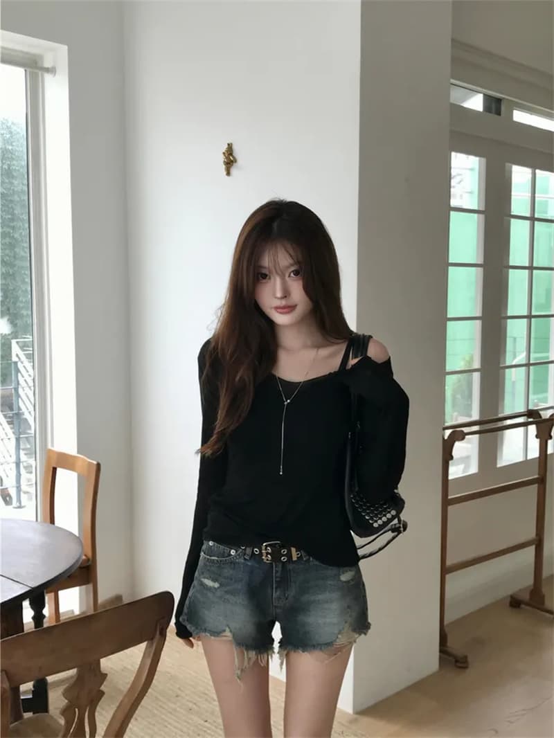 지금 여름 디스플레이 다리 길이 핫걸 찢어진 부분 그리기 거친 가장자리 슬림해 보이는 데님 반바지 상세 이미지 2