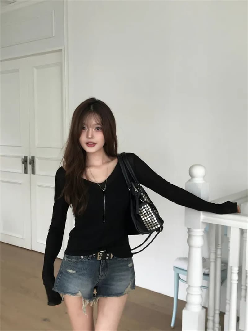 지금 여름 디스플레이 다리 길이 핫걸 찢어진 부분 그리기 거친 가장자리 슬림해 보이는 데님 반바지 상세 이미지 7