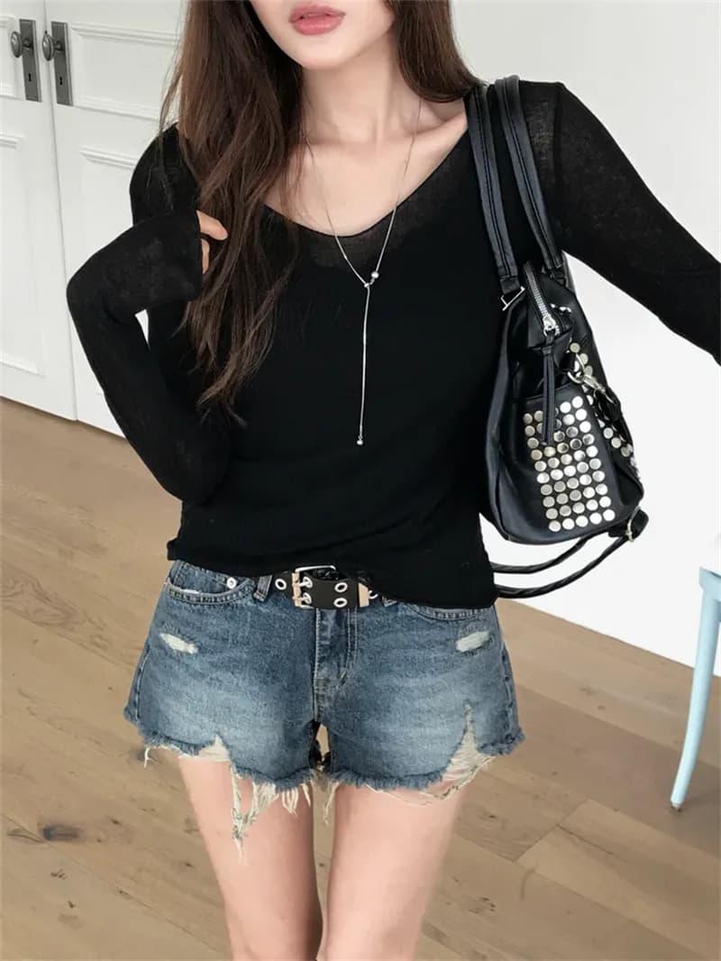 지금 여름 디스플레이 다리 길이 핫걸 찢어진 부분 그리기 거친 가장자리 슬림해 보이는 데님 반바지 상세 이미지 11