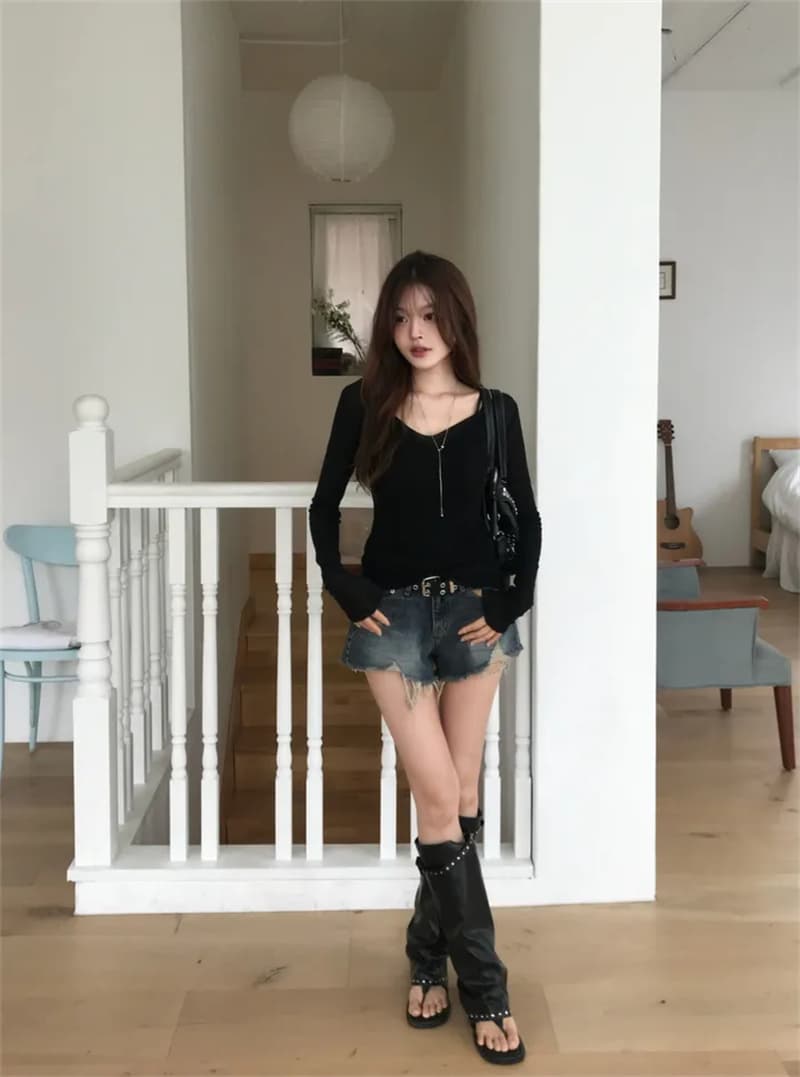 지금 여름 디스플레이 다리 길이 핫걸 찢어진 부분 그리기 거친 가장자리 슬림해 보이는 데님 반바지 상세 이미지 12