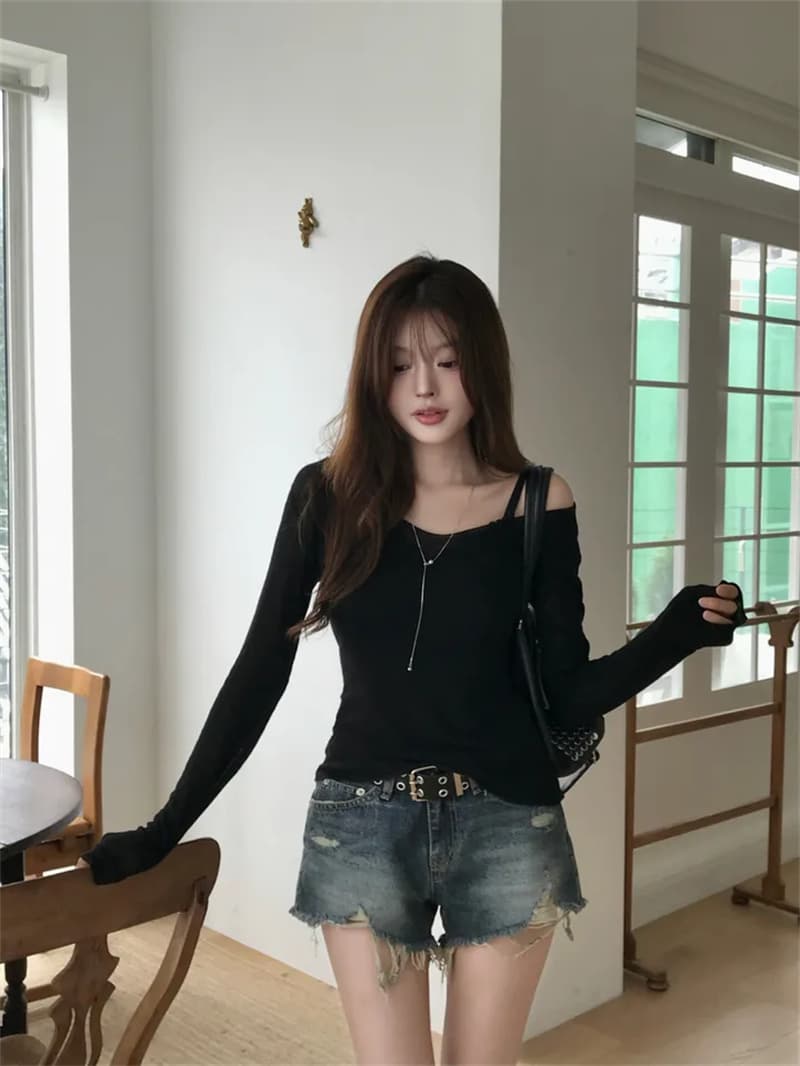 지금 여름 디스플레이 다리 길이 핫걸 찢어진 부분 그리기 거친 가장자리 슬림해 보이는 데님 반바지 상세 이미지 15