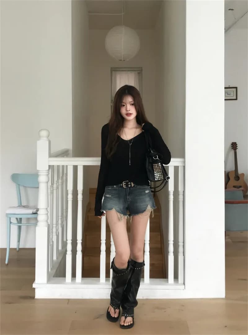 지금 여름 디스플레이 다리 길이 핫걸 찢어진 부분 그리기 거친 가장자리 슬림해 보이는 데님 반바지 상세 이미지 16