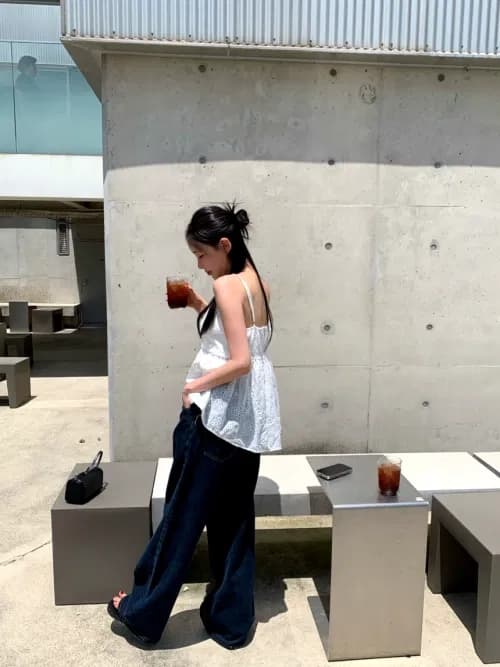 지금 레트로 파란색 워싱 연삭 화이트 청바지 한 마디 넓은 다리 데님 긴 바지 상세 이미지 17