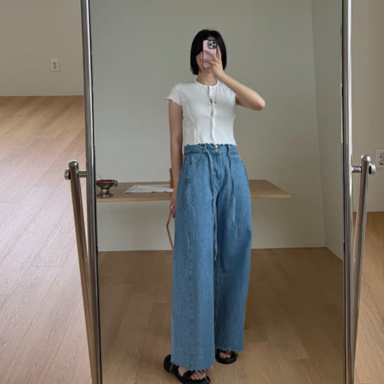 지금 잘 생긴 편안함 슬림해 보이는 하이웨이스트 넓은 다리 청바지 바닥 청소 긴 바지 이미지 3