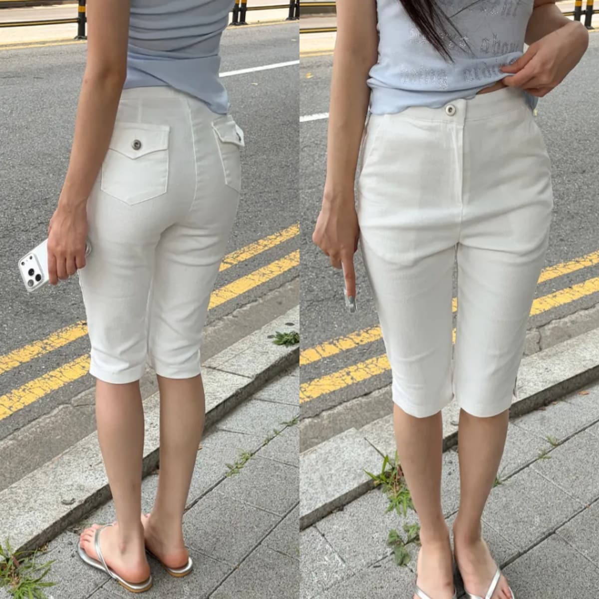 지금 단색 주머니 몸매 가꾸기 바지 트임 7 점 데님 바지 반바지