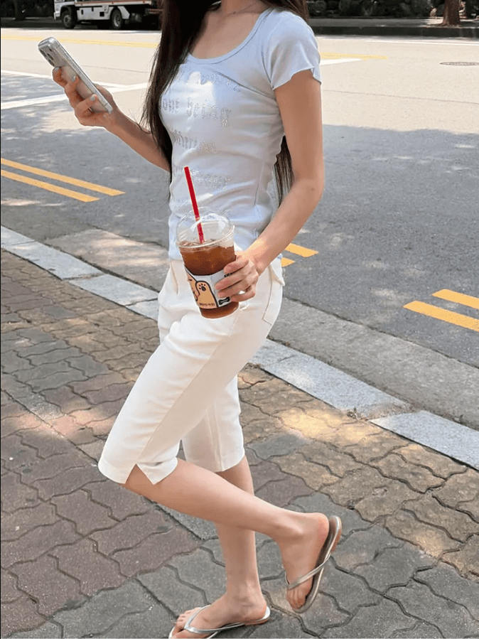 지금 단색 주머니 몸매 가꾸기 바지 트임 7 점 데님 바지 반바지 이미지 3