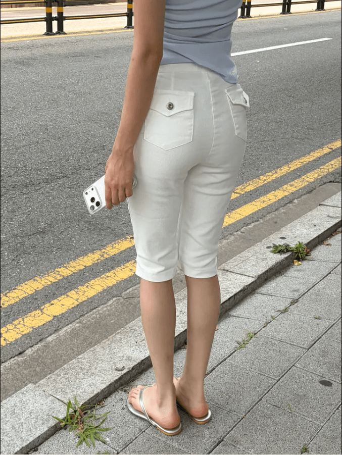 지금 단색 주머니 몸매 가꾸기 바지 트임 7 점 데님 바지 반바지 상세 이미지 4