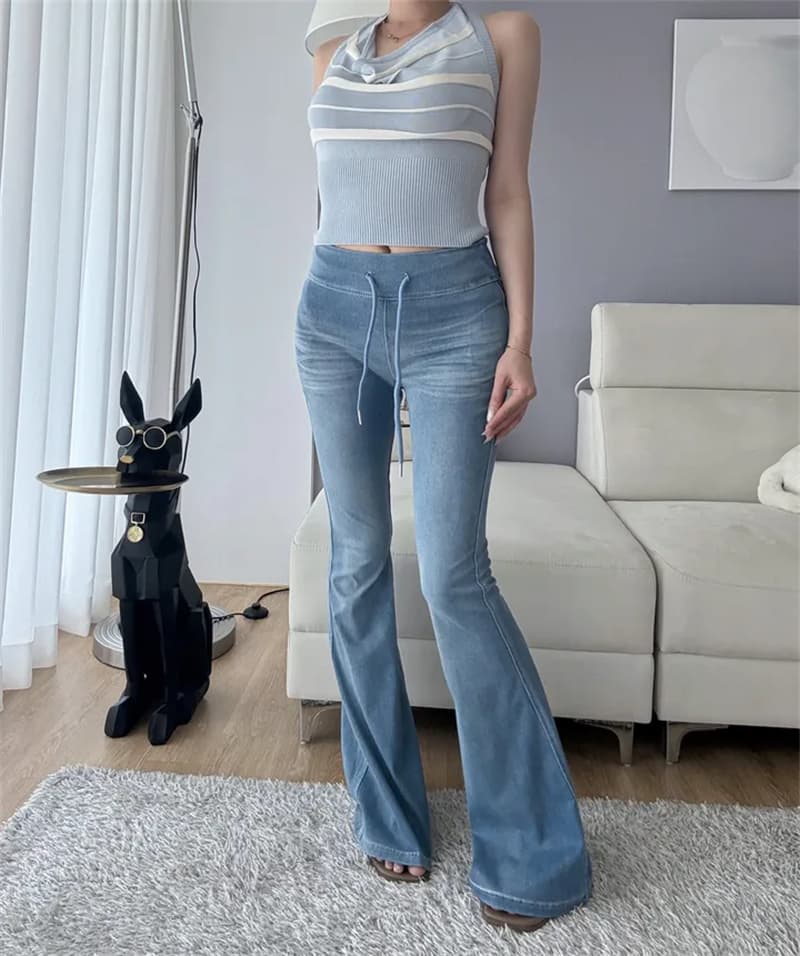 노스탤지어 워싱 작은 표준 그라데이션 연삭 화이트 막대기 엉덩이 슬림해 보이는 나팔 바지 상세 이미지 12