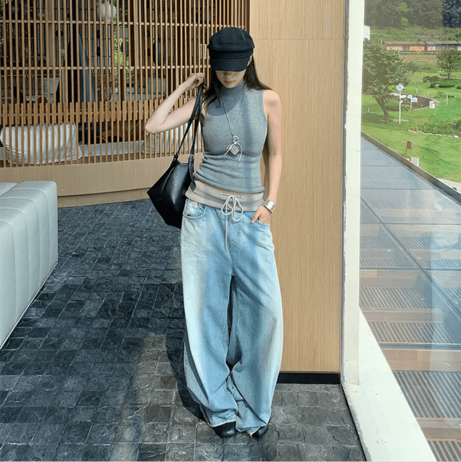 신축성 입술 형 폴딩 층 패치워크 루즈핏 넓은 다리 청바지 상세 이미지 3