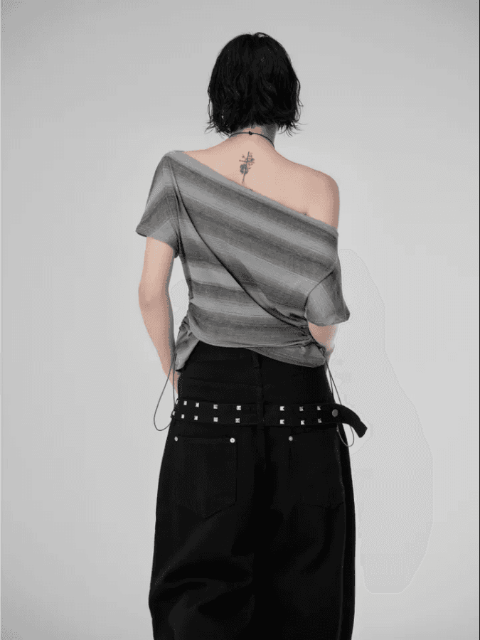 지금 레트로 stud 징 뒤에 벨트 디자인 넓은 다리 루즈핏 청바지 상세 이미지 8