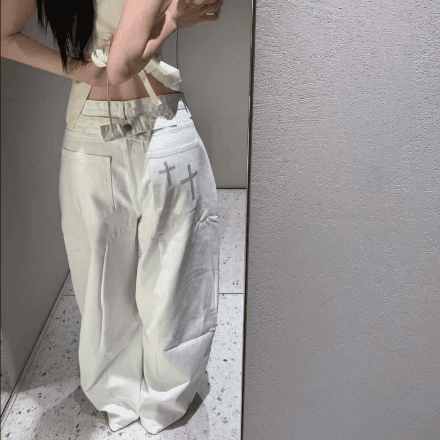 구슬 조각 십자가 스트랩 단추 넓은 다리 데님 긴 바지 상세 이미지 1