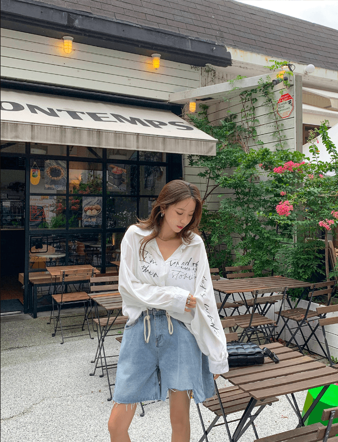 지금 하이웨이스트 워싱 개성 작은 트임 디스플레이 다리 길이 그리기 거친 가장자리 데님 반바지 상세 이미지 31