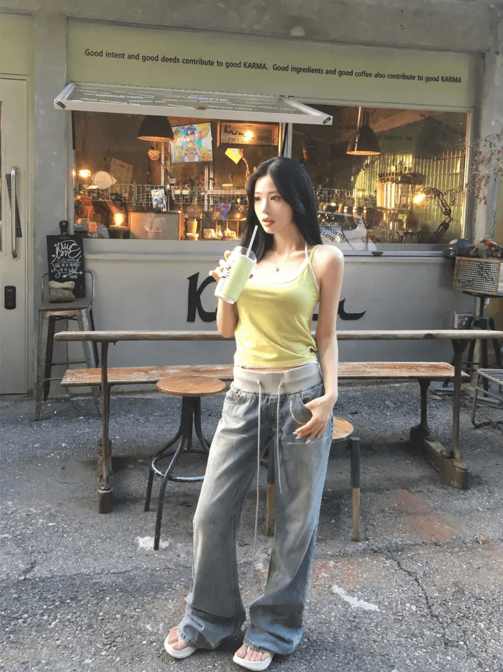 지금 편안함 캐주얼 루즈핏 허리밴드 데님 긴 바지 이미지 3