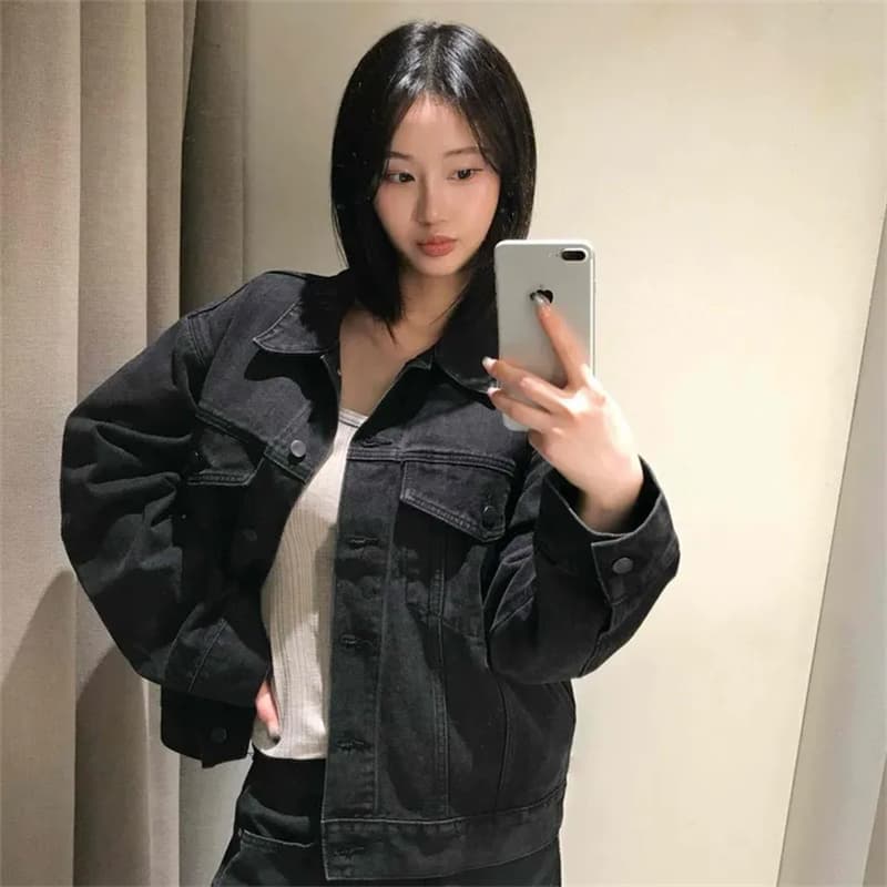 지금 레트로 자동차 선 더블 주머니 쇼트 스타일 데님 재킷 재킷
